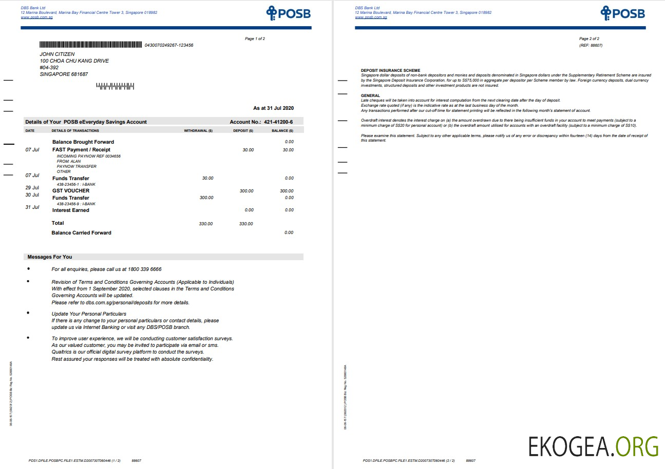 Modèle de relevé bancaire DBS de Singapour au format Word et PDF, 2 pages
